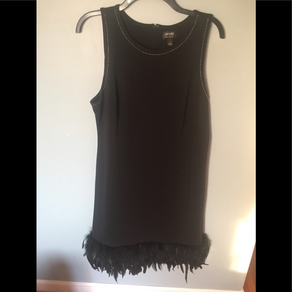 Black midi dress with black and teal feathers